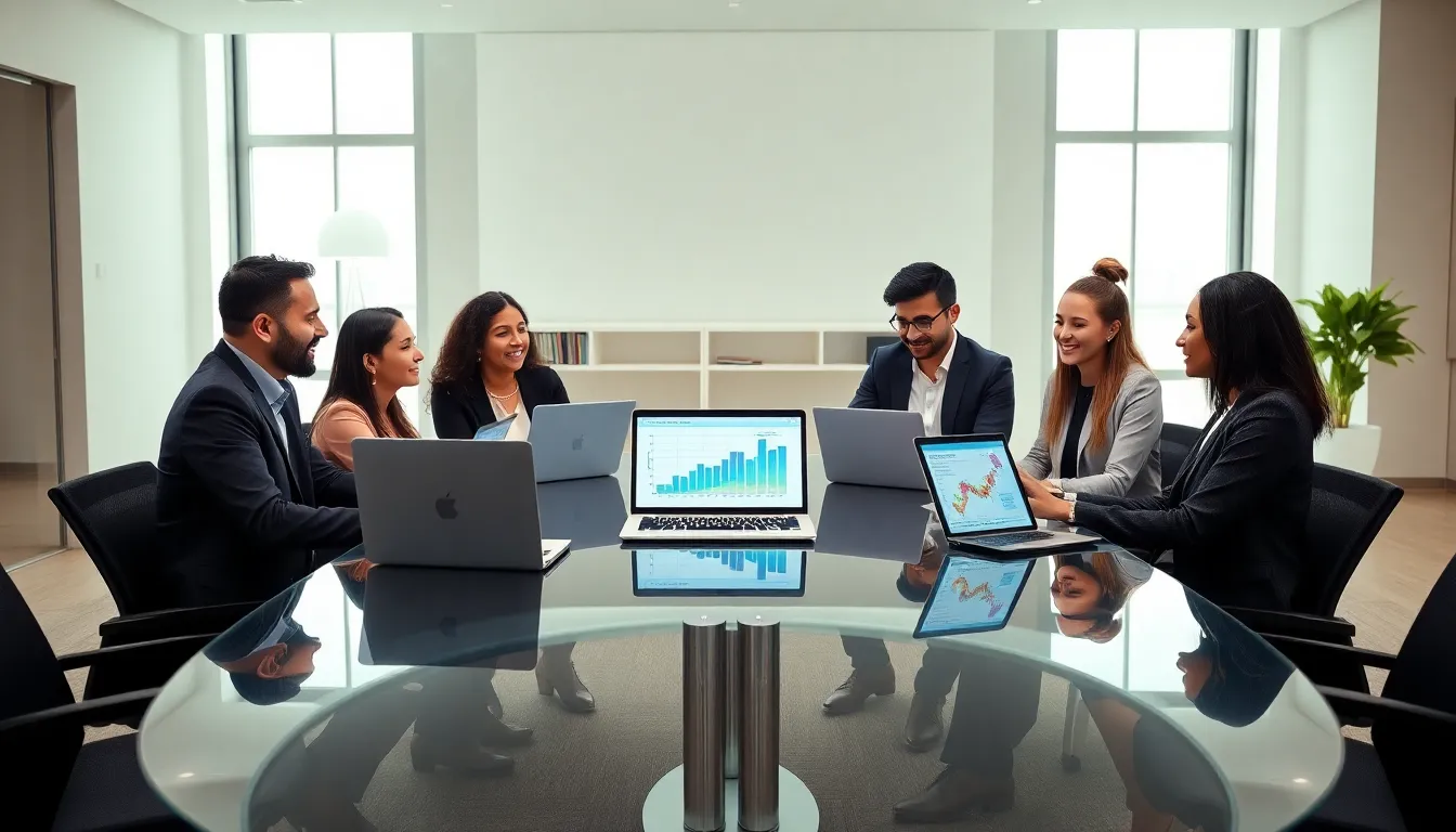 diverse professionals discussing technology in a modern office.