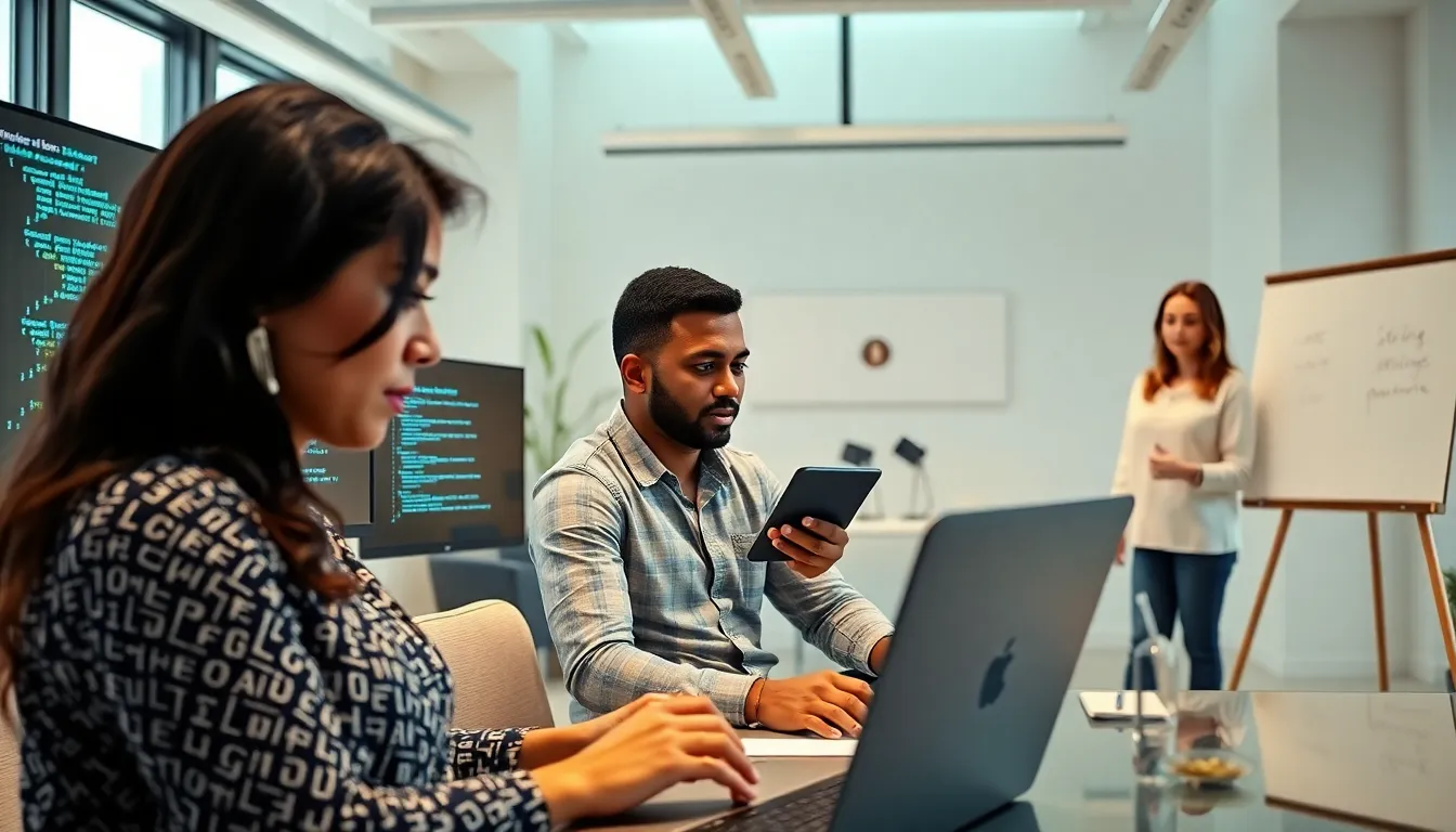 diverse programmers collaborating in a modern office on Python coding.