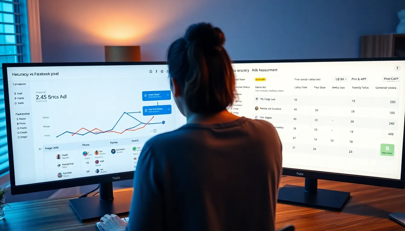 Marketer compares Hyros and Facebook Pixel dashboards on dual monitors in a U.S. office.
