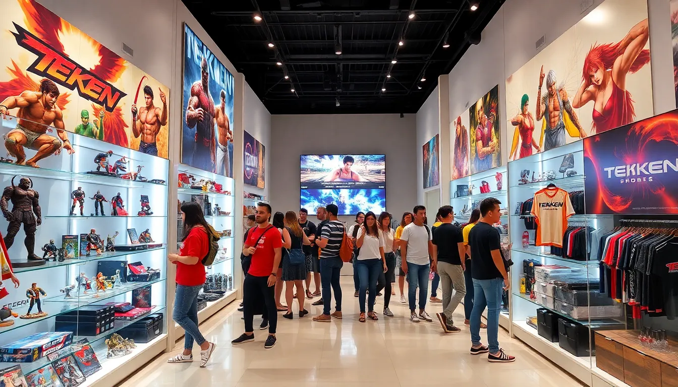 diverse fans exploring Tekken merchandise in a vibrant store.
