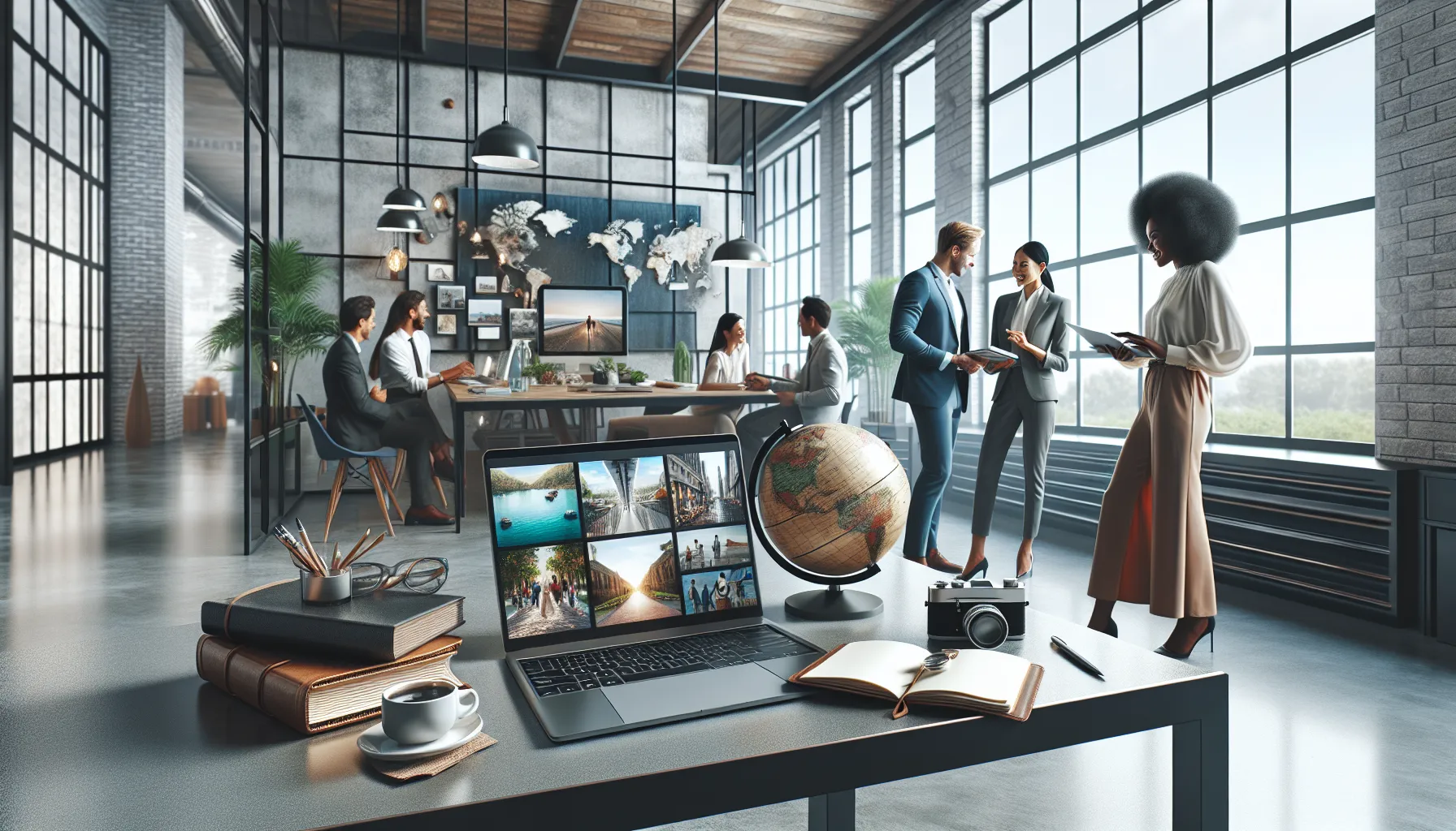 diverse group discussing travel blogs in a modern office.