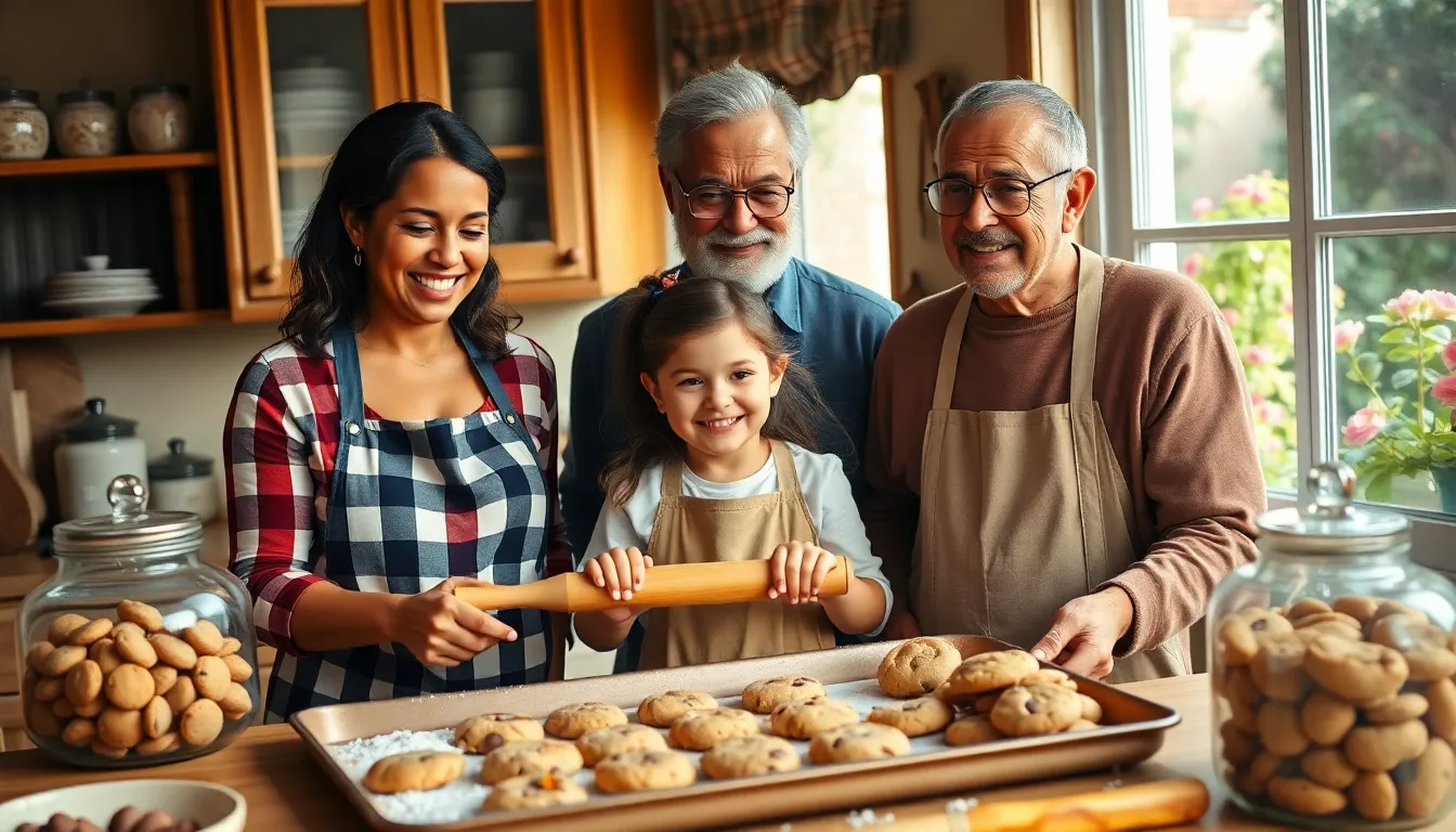 three people baking cookies together in a warm, inviting kitchen.