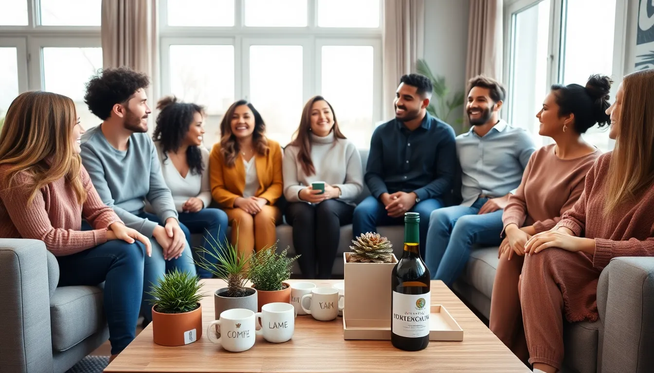 friends celebrating in a cozy living room with housewarming gifts.