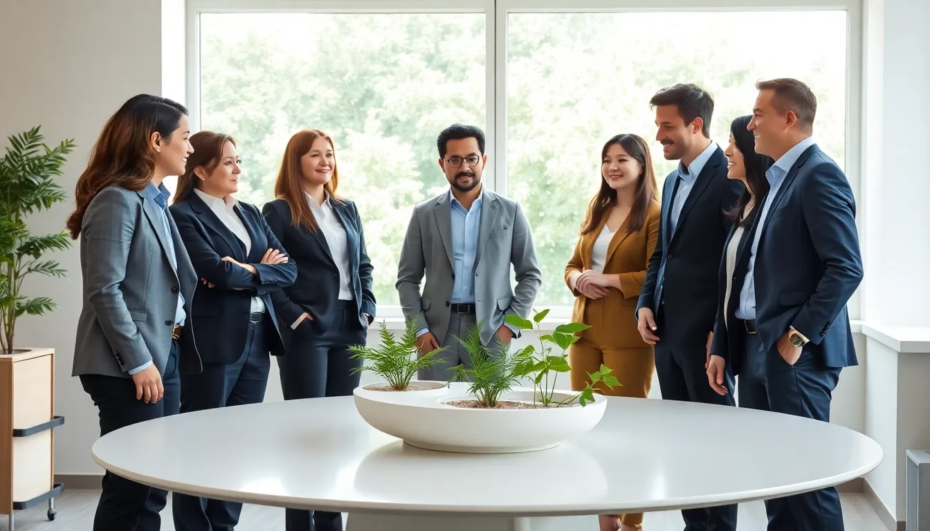 diverse professionals discussing in a nature-inspired office setting.