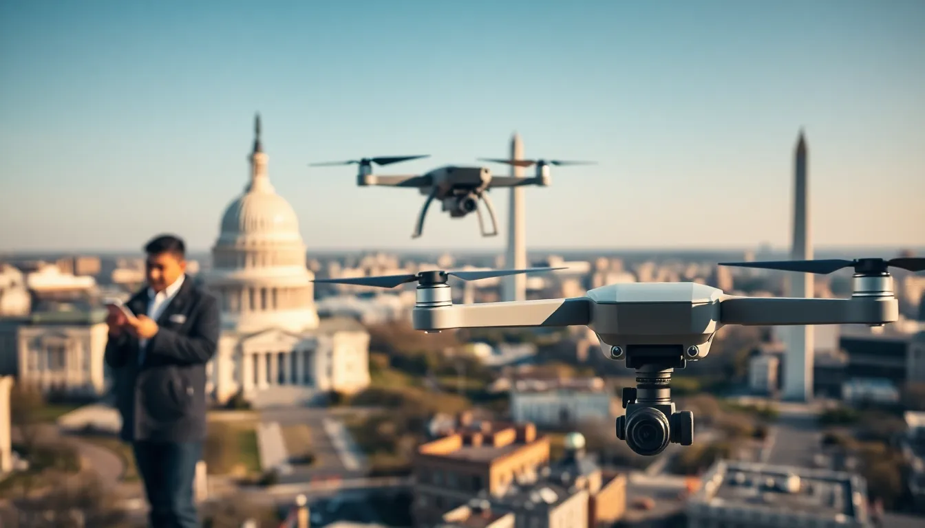 aerial view of Washington D.C. with drone operators in action.