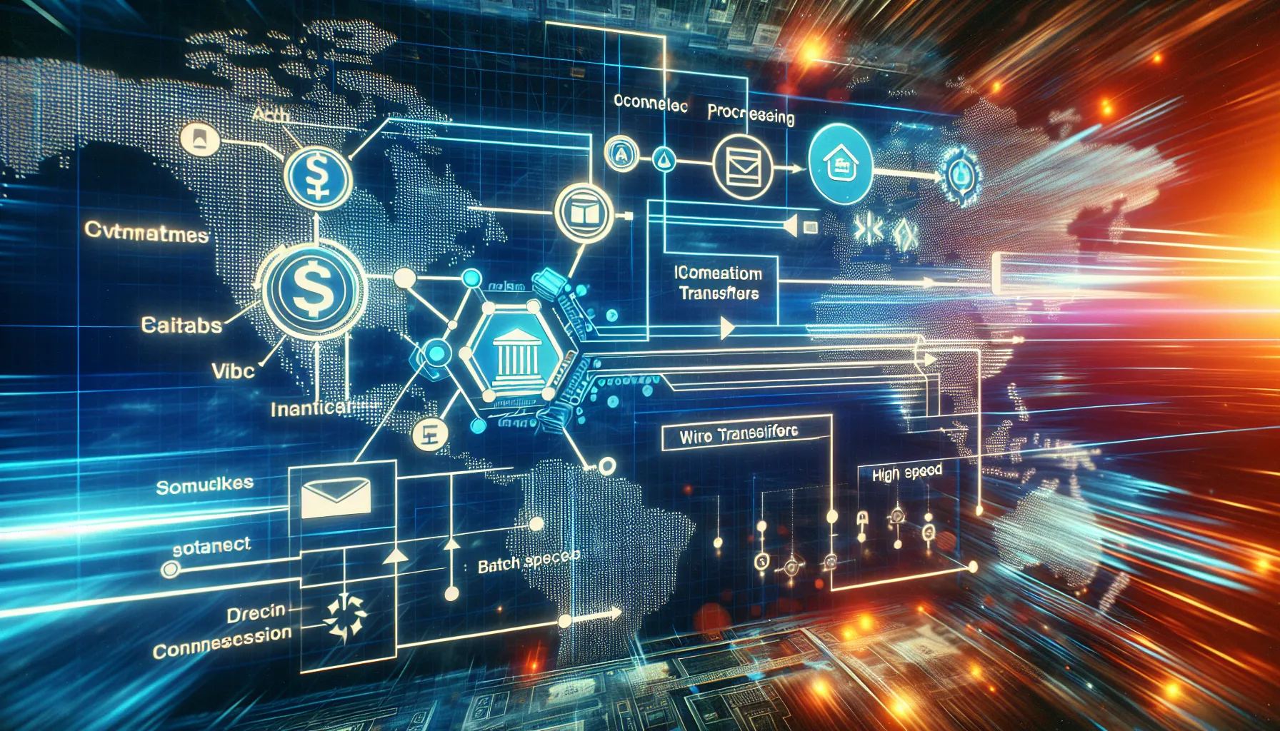 Comparison of ACH and wire transfer processes with a US financial theme backdrop.
