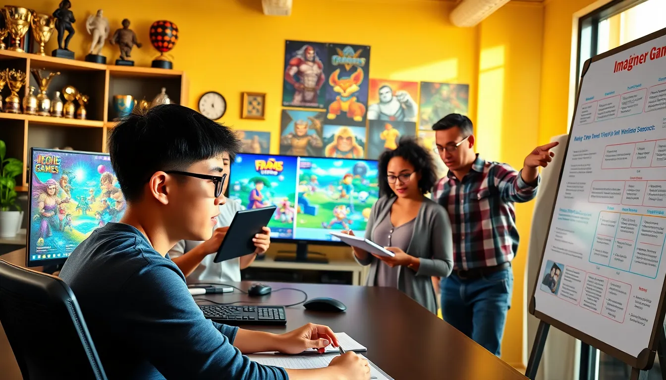 a team of diverse game developers collaborating in a vibrant office space.