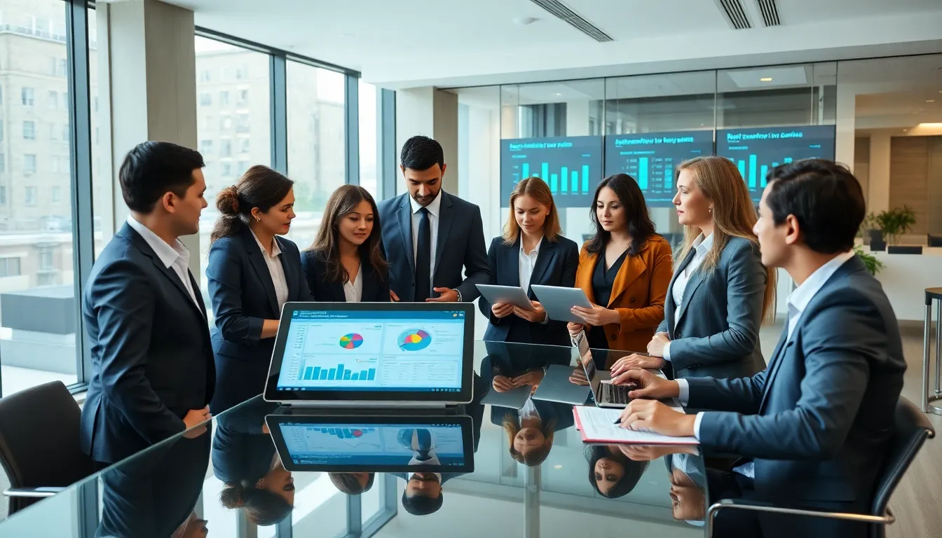 team discussing enterprise software in a modern office.