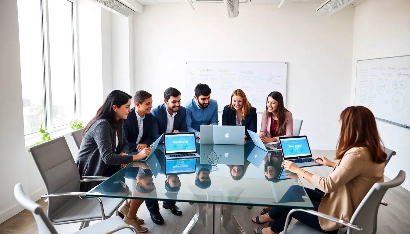 diverse team collaborating on the Kooperpedi platform in a modern office.