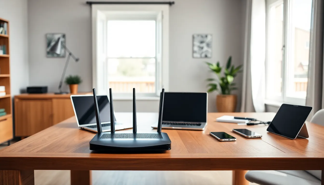 modern home office showcasing a high-speed router and connected devices.