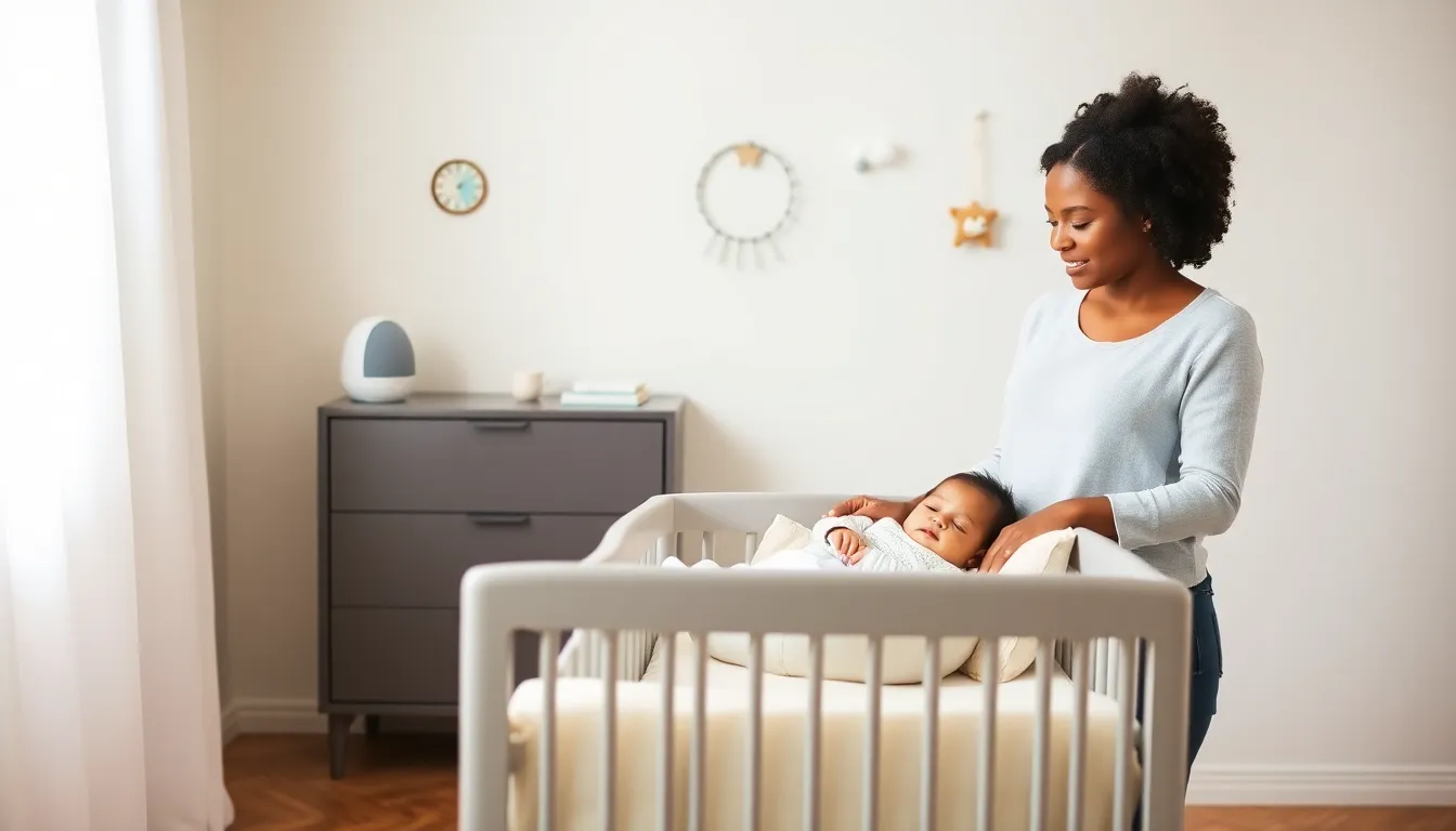 a baby sleeping in a modern nursery with a calm parent nearby.