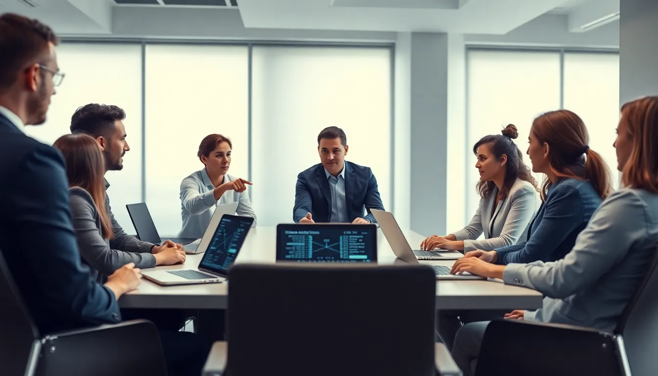 diverse professionals discussing IP addresses in a modern office.