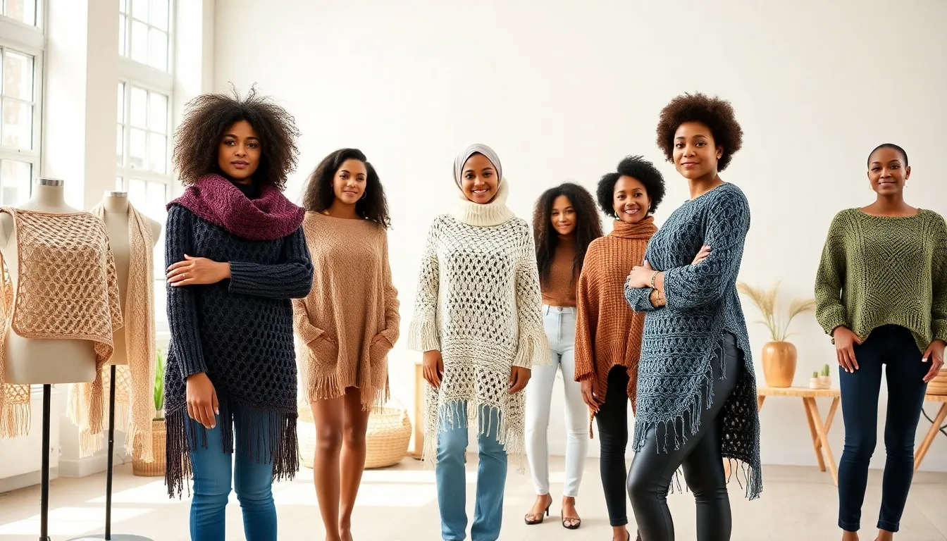 diverse models wearing unique crochet wearables in a modern studio.