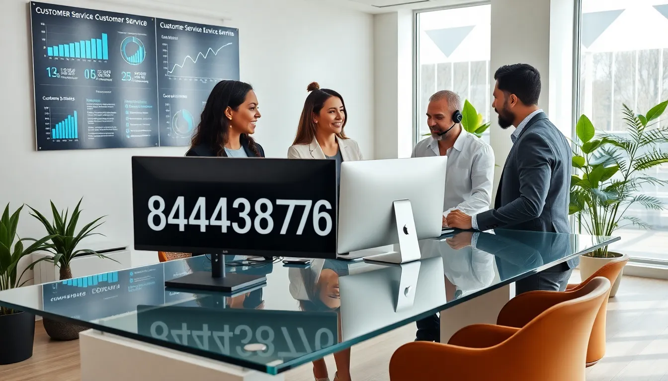 professionals discussing customer service in a modern office setting.