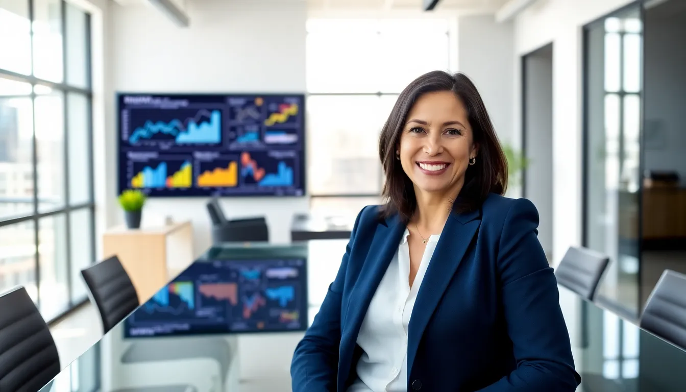 Stacy Klinger in a modern office, confidently leading her team.