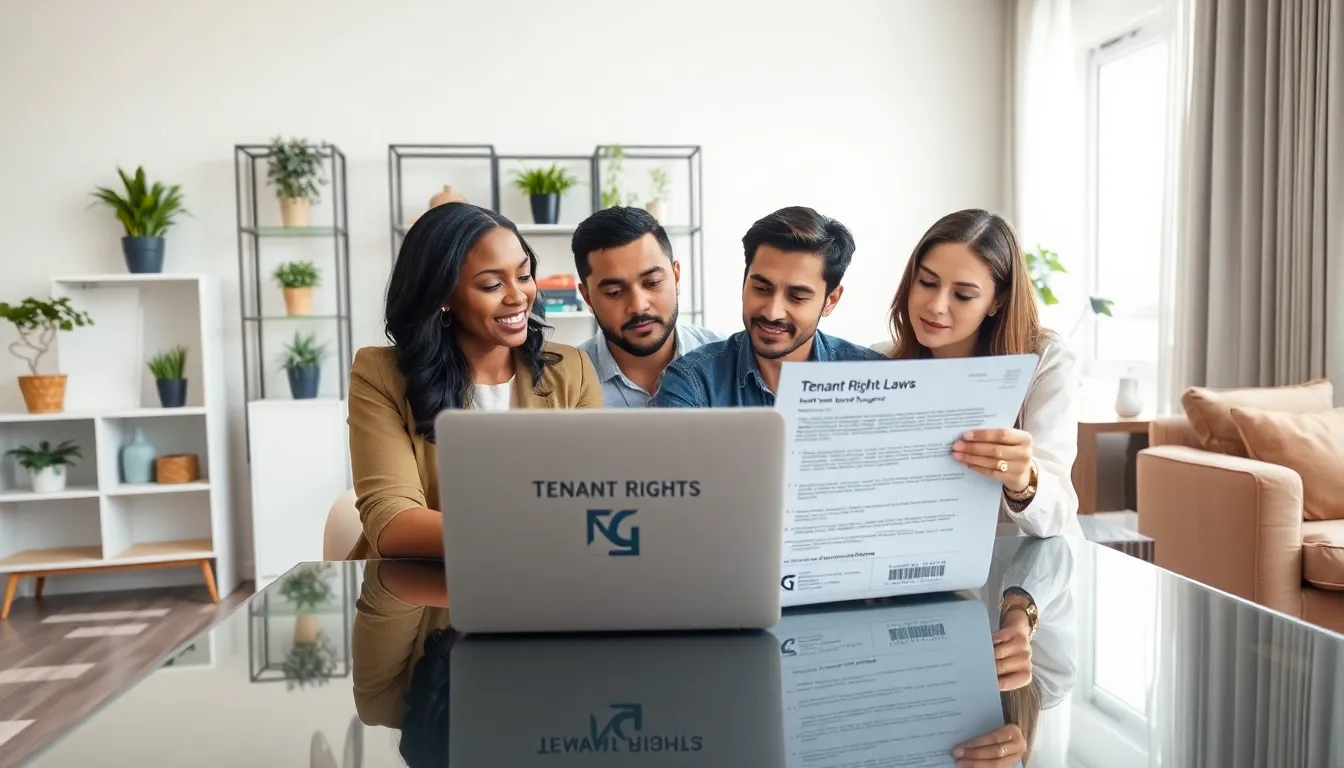 diverse group discussing tenant rights in a modern apartment.