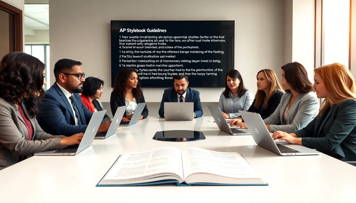 diverse journalists brainstorming in a modern office with an open AP Stylebook.