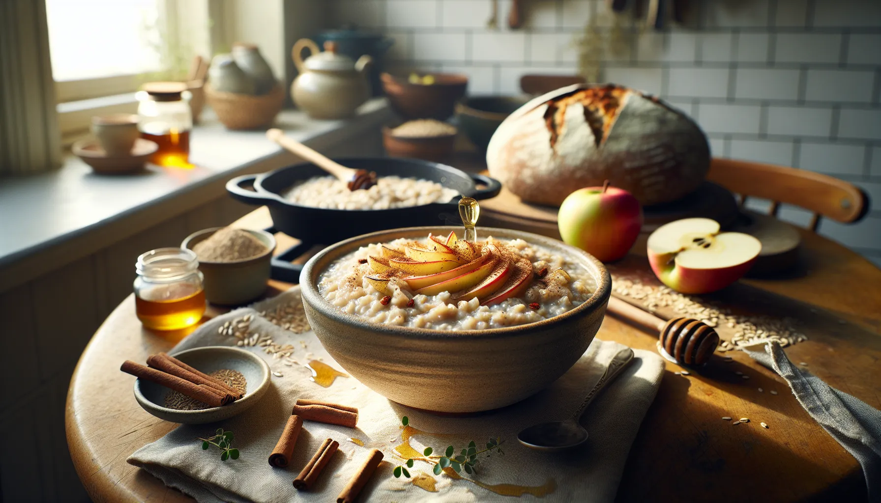 Steaming norwegian barley porridge with apple, alongside barley bread and grains.