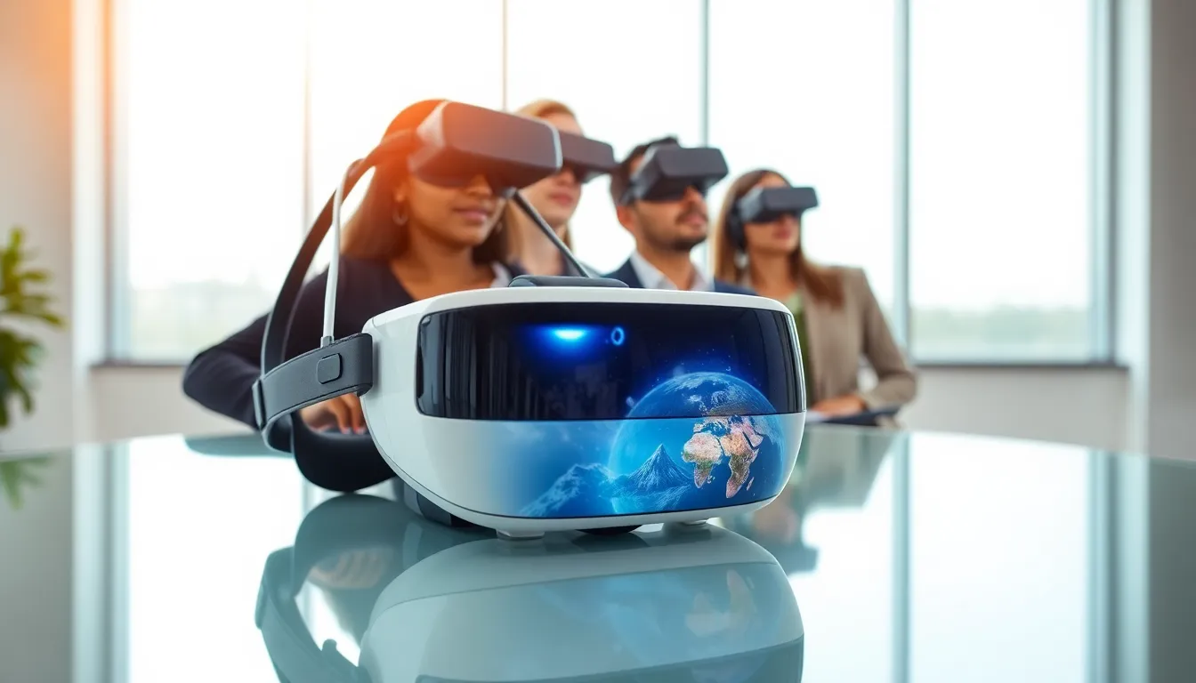 diverse professionals using Hype I-FX virtual reality headsets in a bright office.