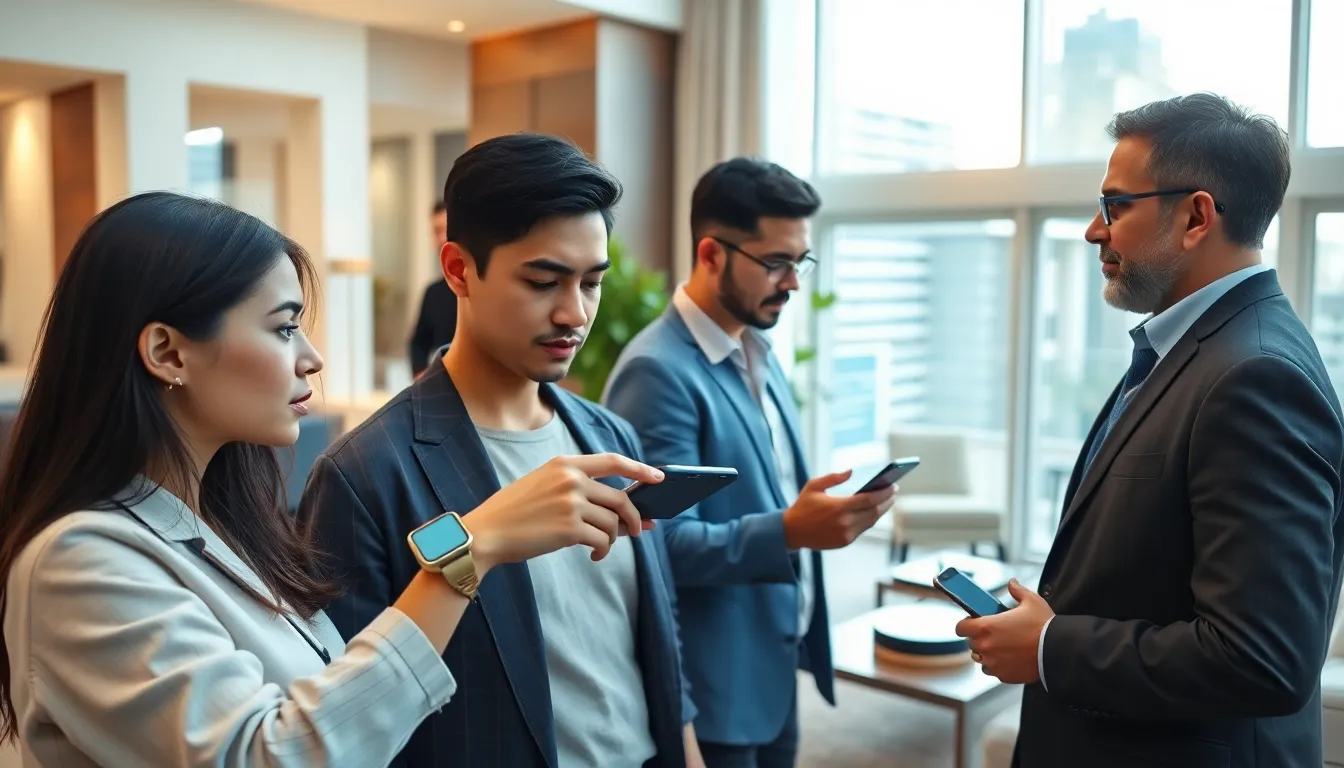 diverse individuals engaging with smart technology in a modern home.