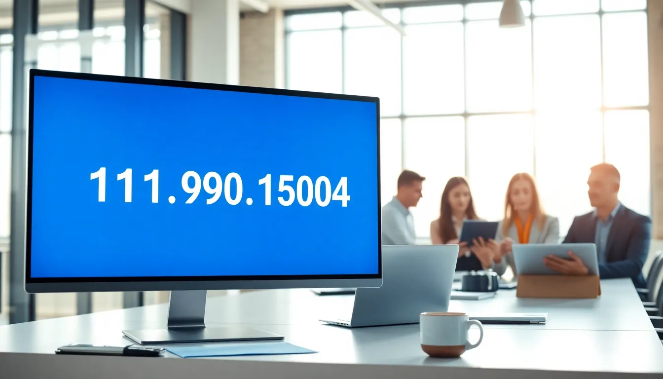 digital workspace displaying IPv4 address with diverse professionals discussing.