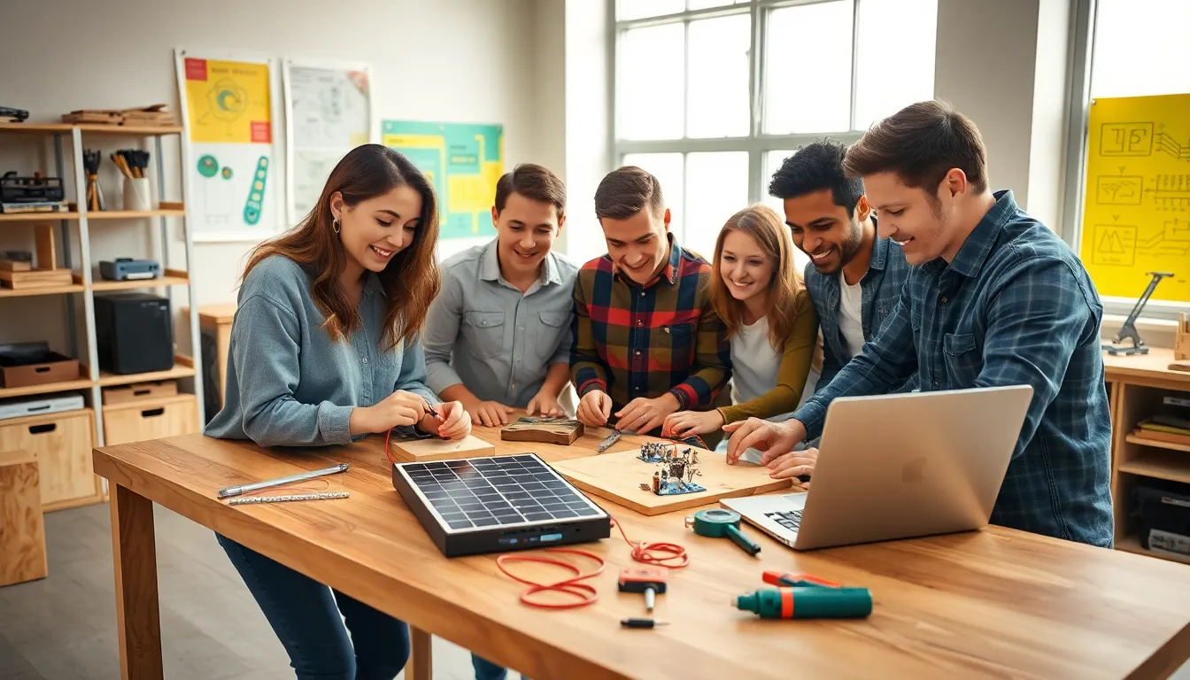diverse group working on DIY engineering projects in a modern workshop.