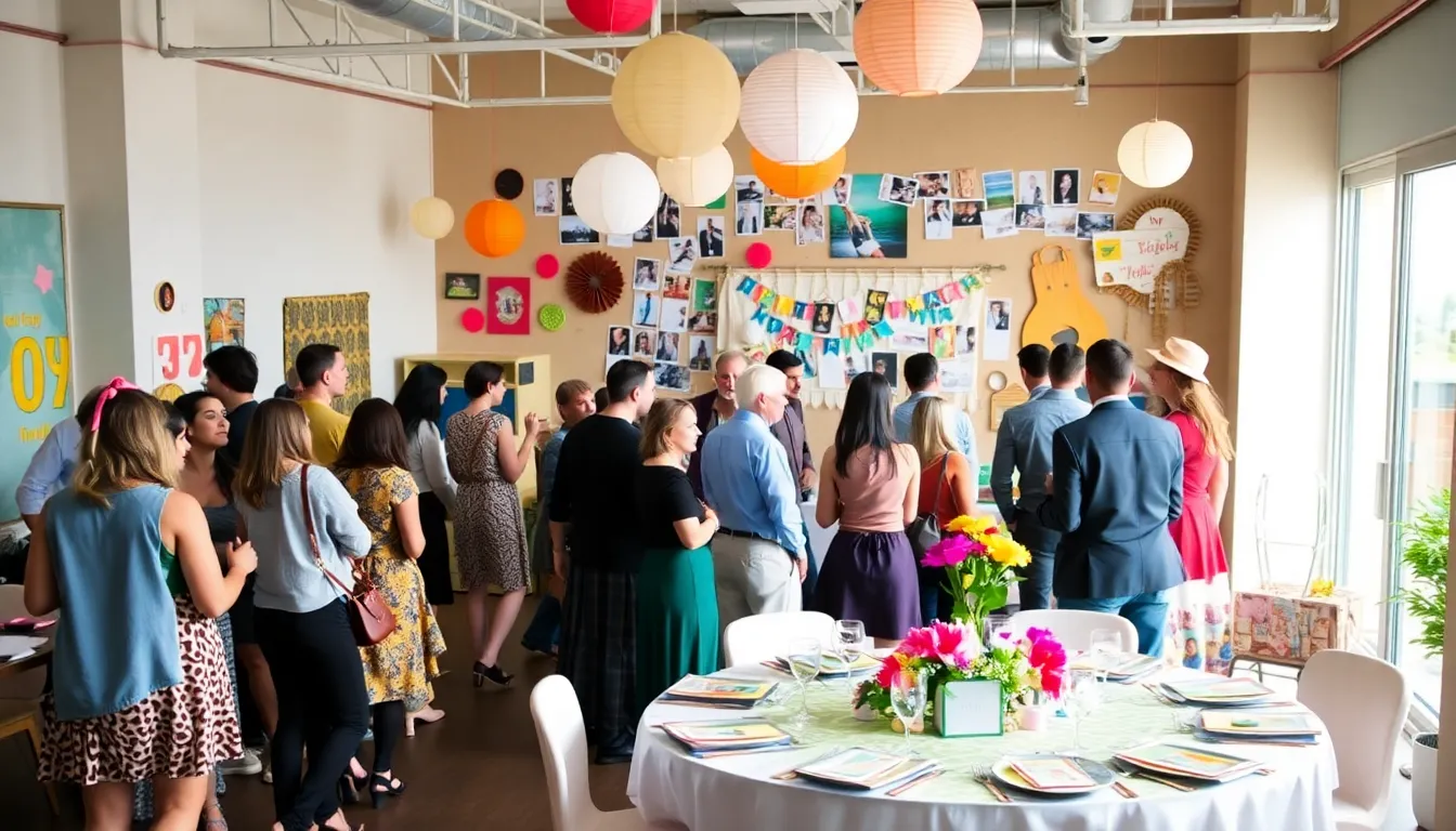 diverse group celebrating at a creatively decorated thrifty event.