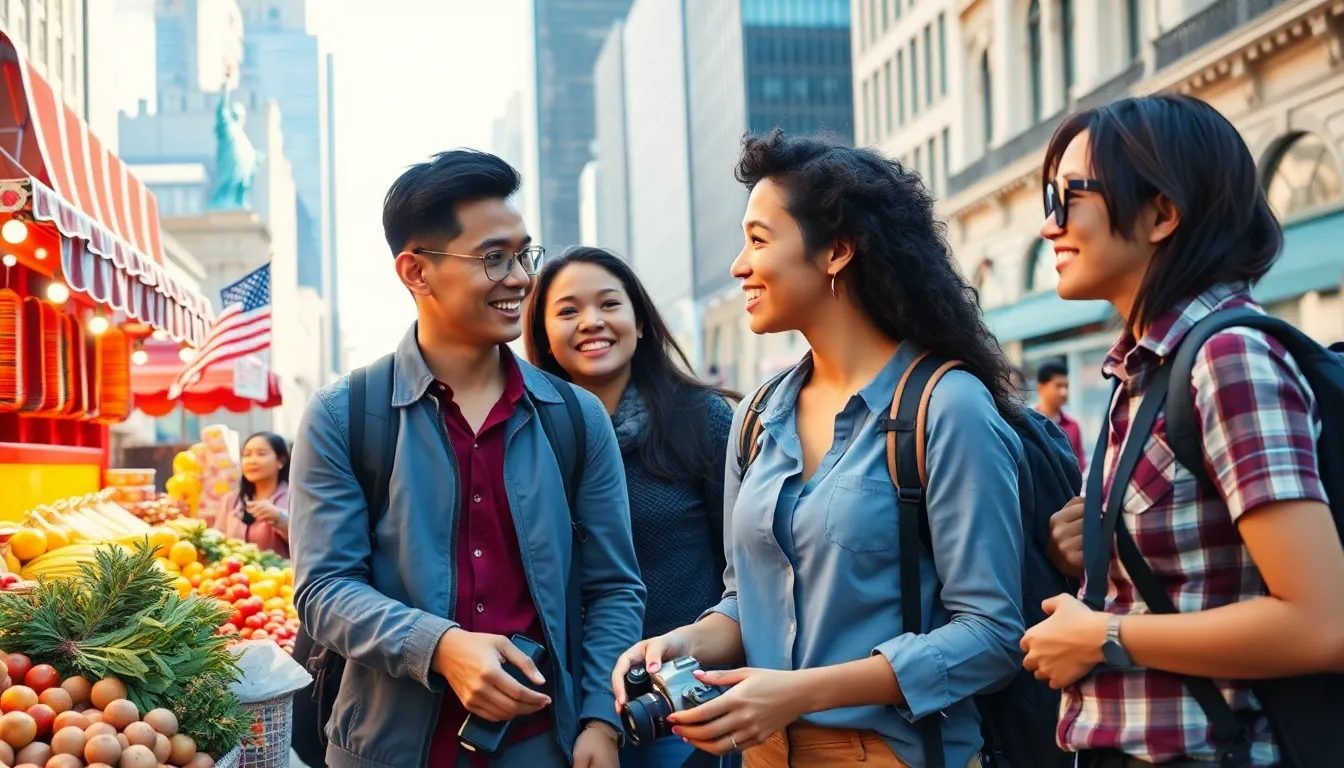 diverse travelers interacting in a vibrant cultural market.