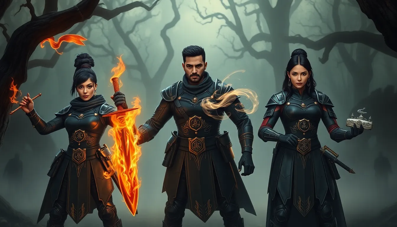 diverse Daemonhunters preparing for battle in a misty forest.