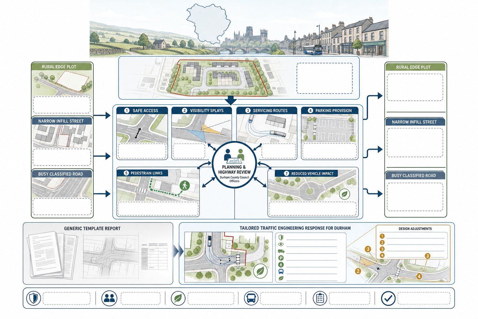 Infographic showing Durham development sites assessed against local highway planning requirements.