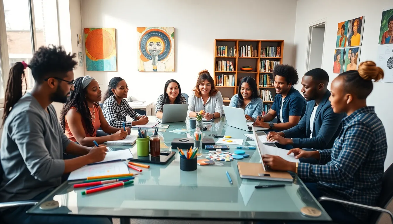diverse team brainstorming in a creative office environment.