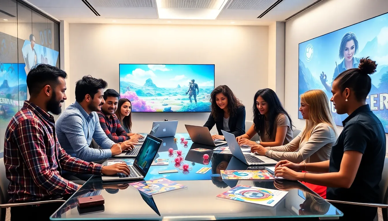 diverse team collaborating in a modern gaming studio office.