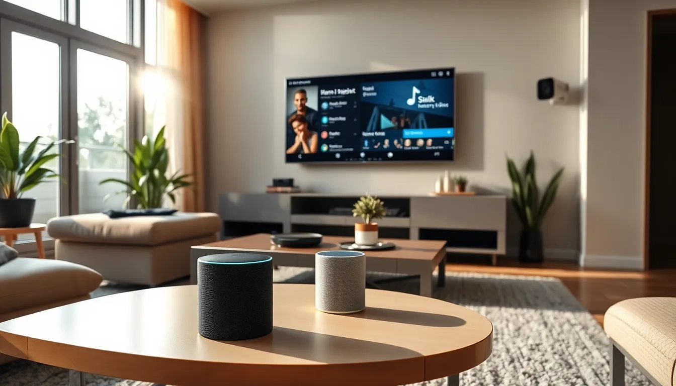 modern living room with smart home devices and security features.