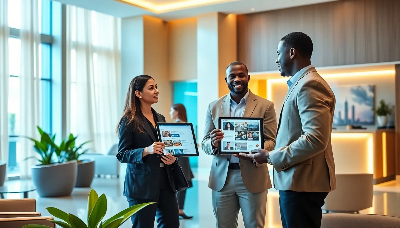 diverse group discussing travel tweaks in a hotel lobby.