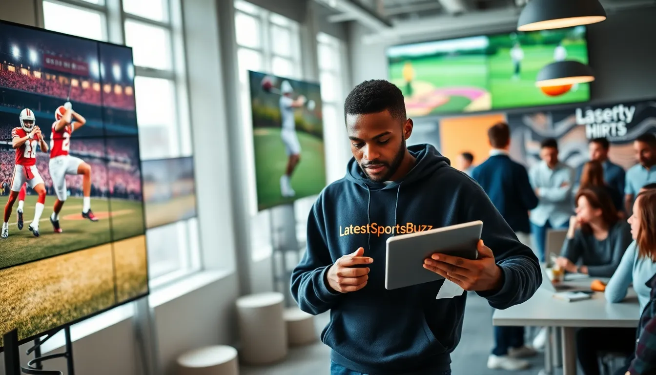 A sports journalist analyzing football and golf content in a lively office.