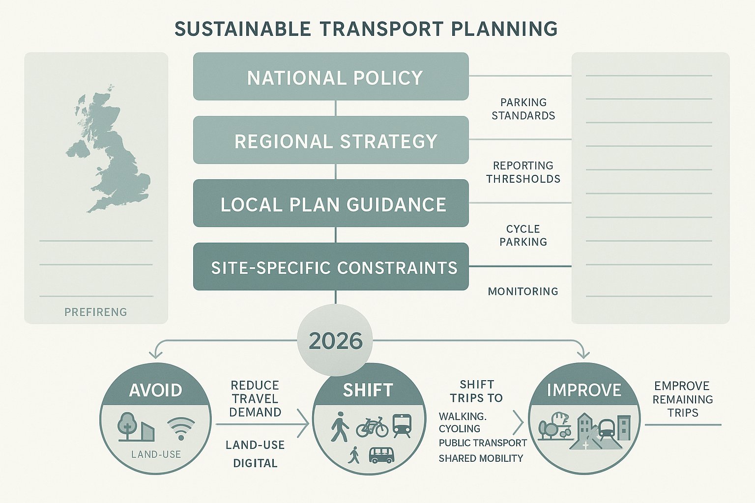 UK sustainable transport policy layers and Avoid-Shift-Improve planning framework infographic.