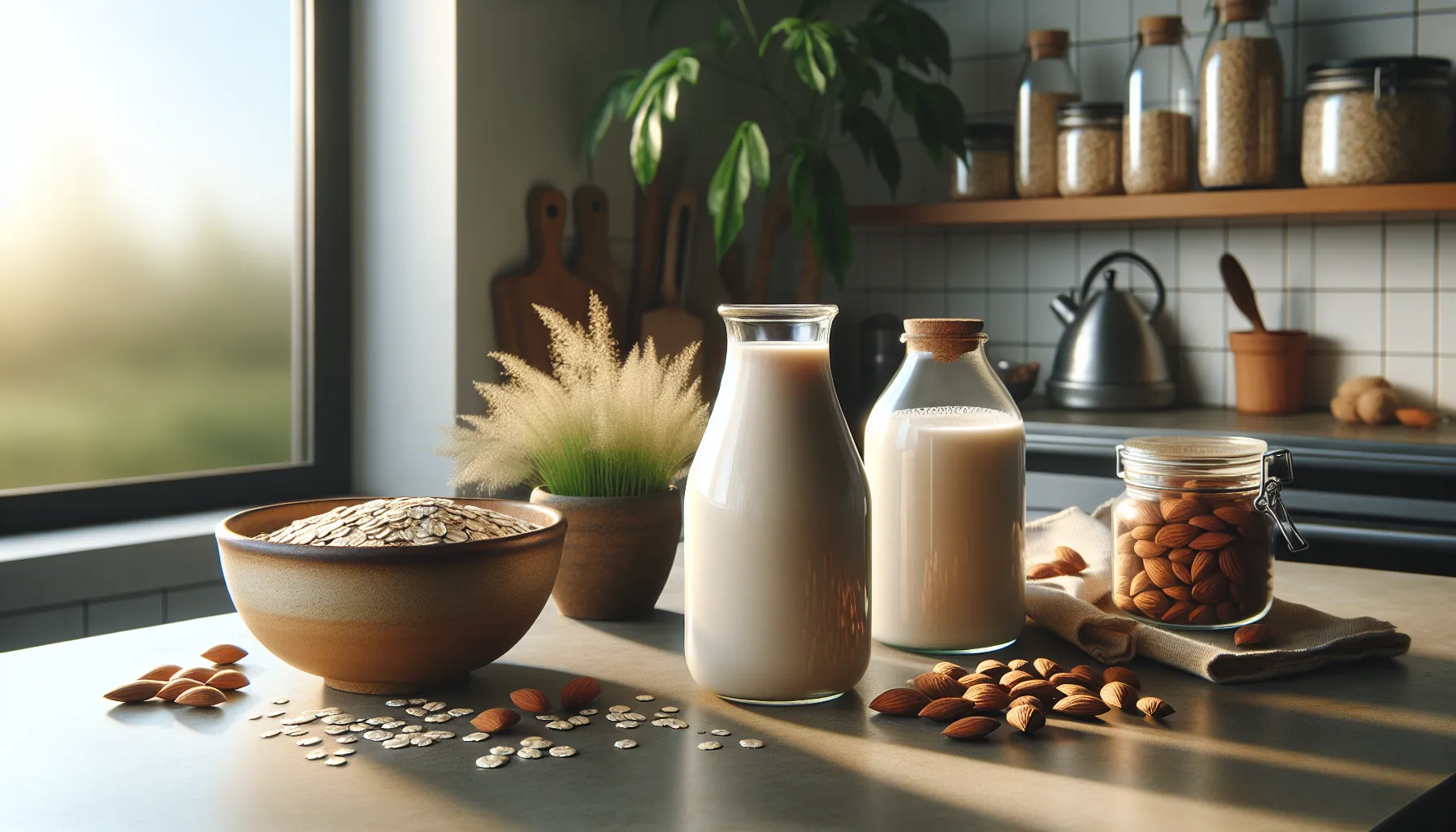 a kitchen scene with oat milk and almond milk on the countertop.