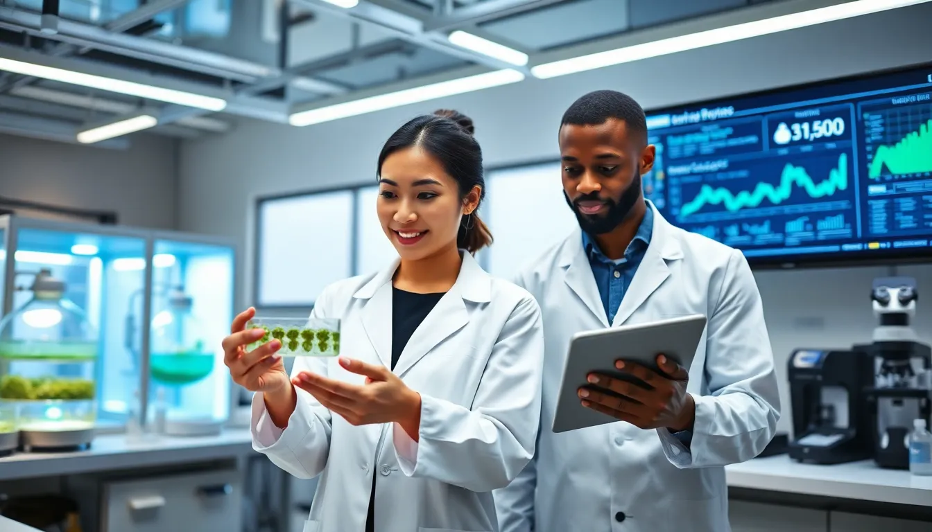 diverse team of scientists in a modern biotechnology lab.