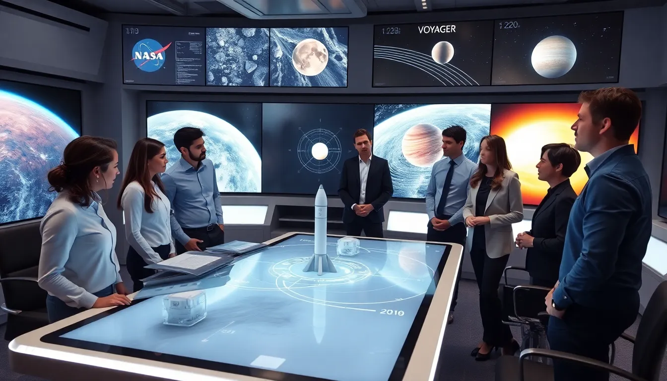 professionals discussing space exploration technology in a modern control room.