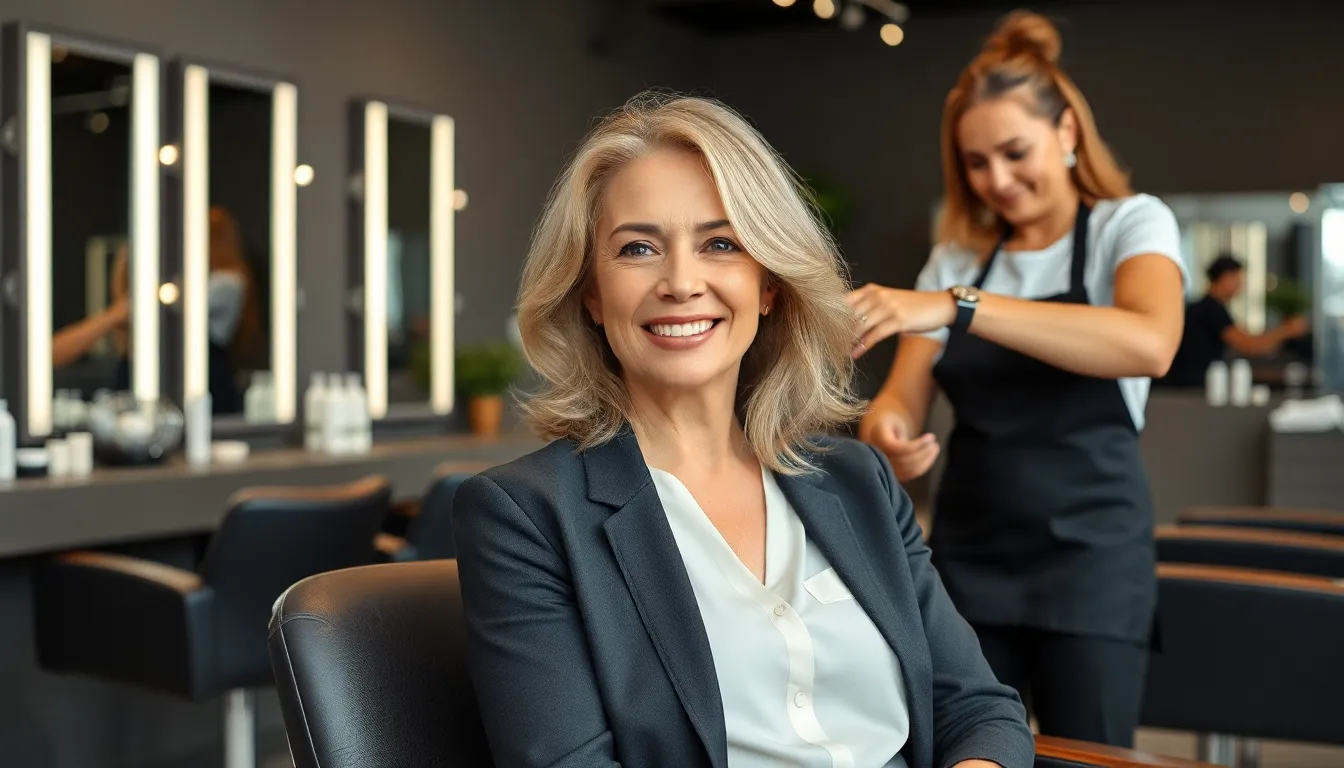 confident woman at a salon with fine hair styled elegantly.