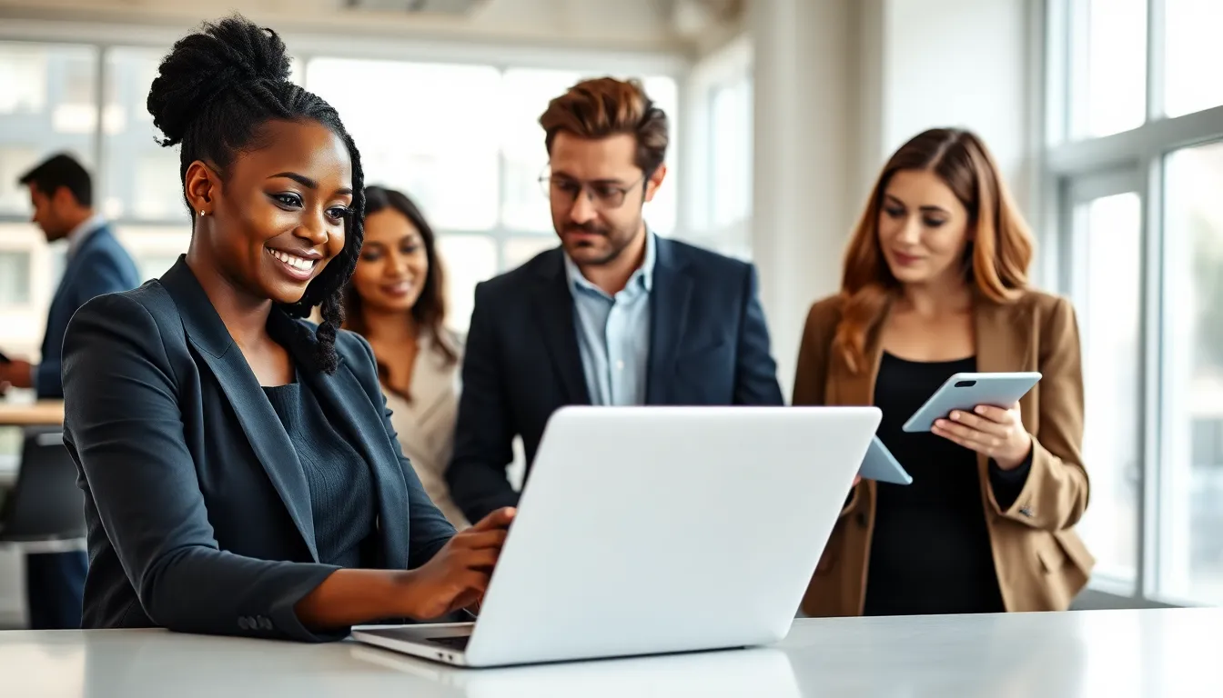diverse professionals collaborating in a modern office about business software.
