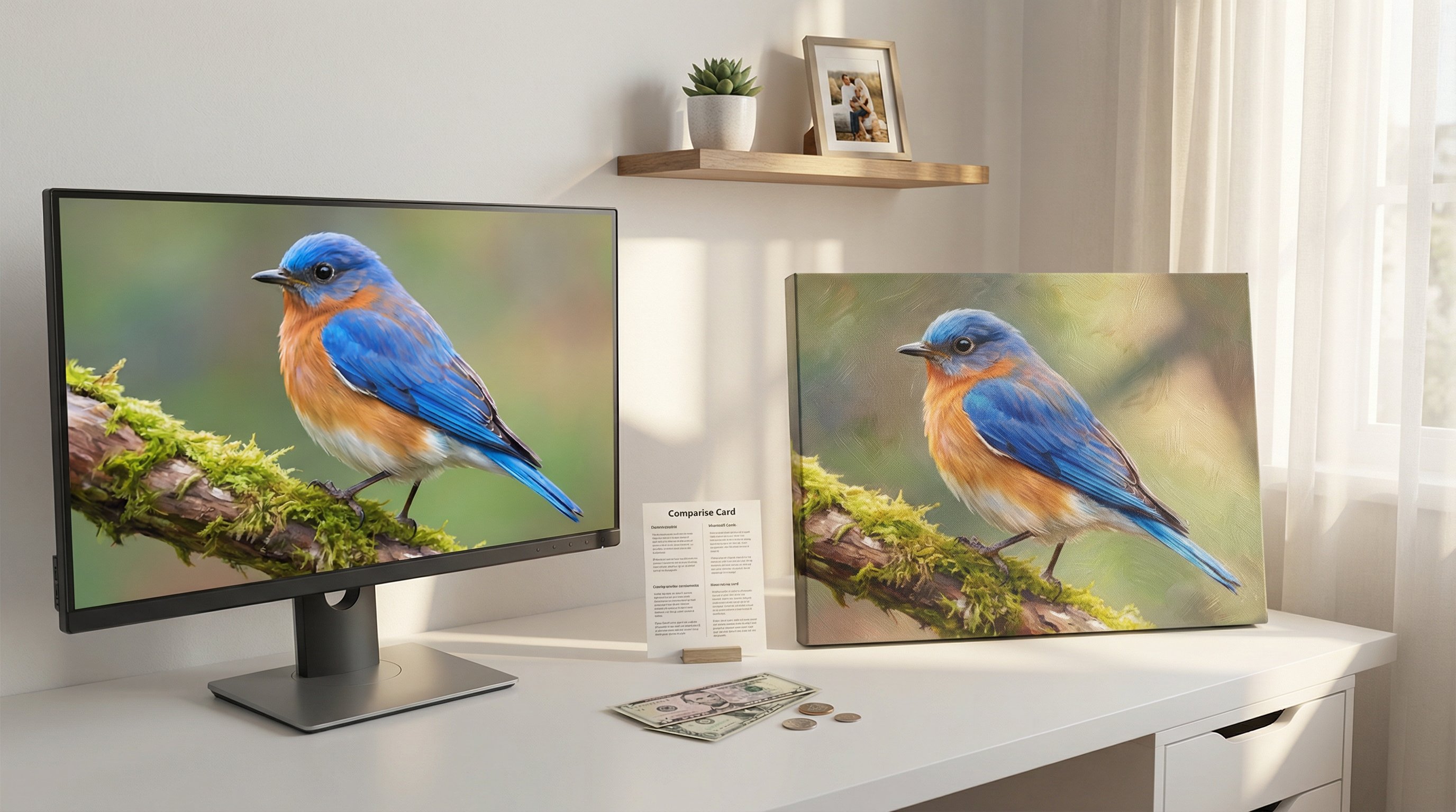 Digital bird portrait on screen next to canvas bird portrait on a desk.