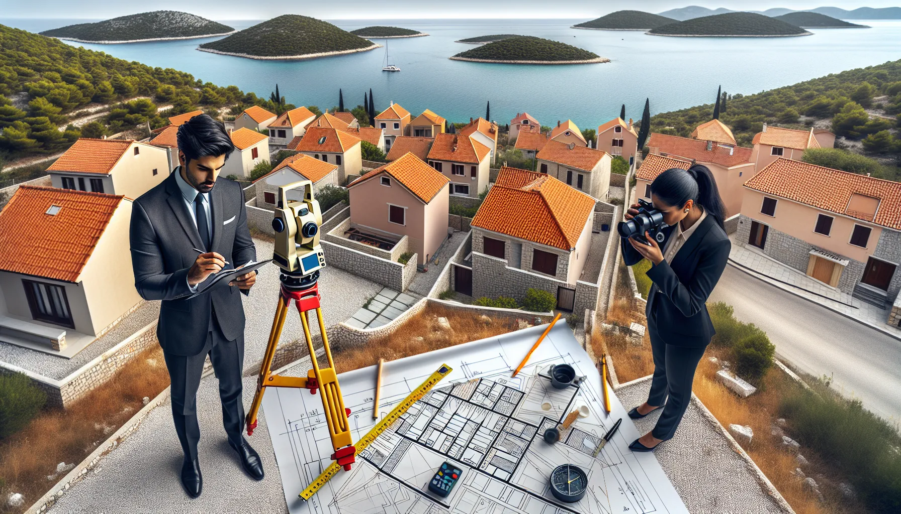 Aerial view of Croatian properties with surveyor measuring easement pathway between land parcels.