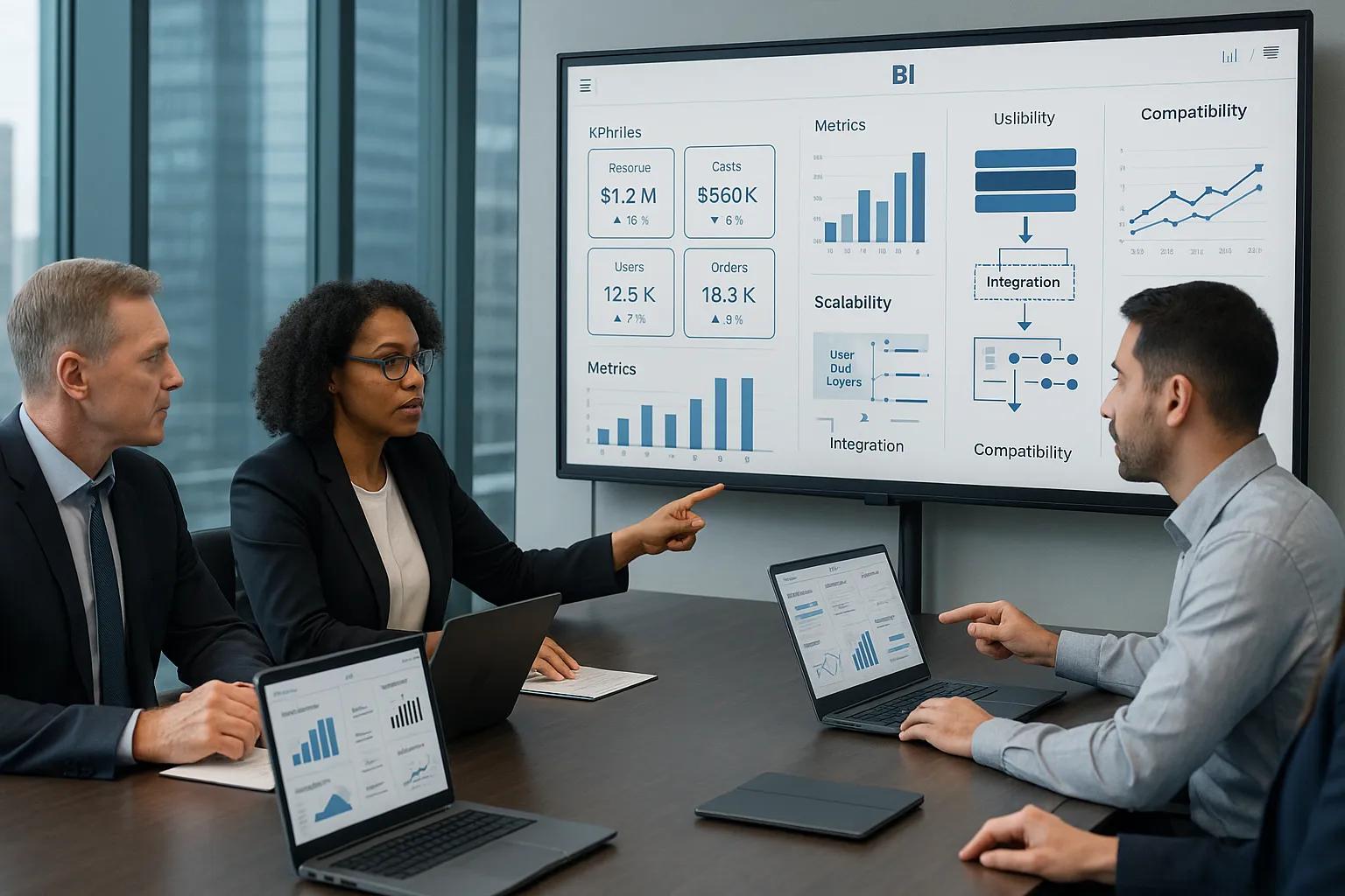 Enterprise team reviewing BI dashboards in a modern office.