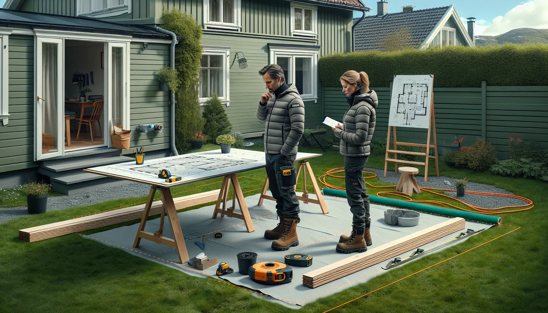 Couple in a norwegian yard planning a low-maintenance terrace with marked outline.