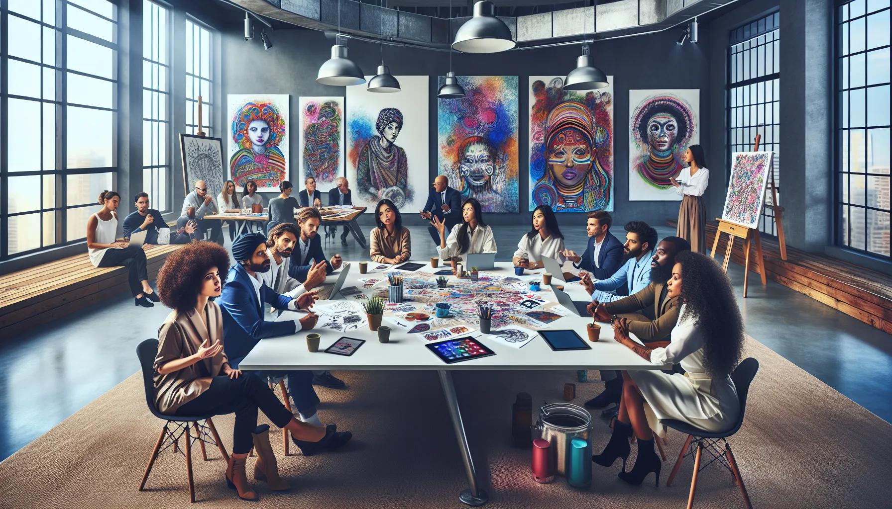 diverse group discussing art and culture in a modern studio.