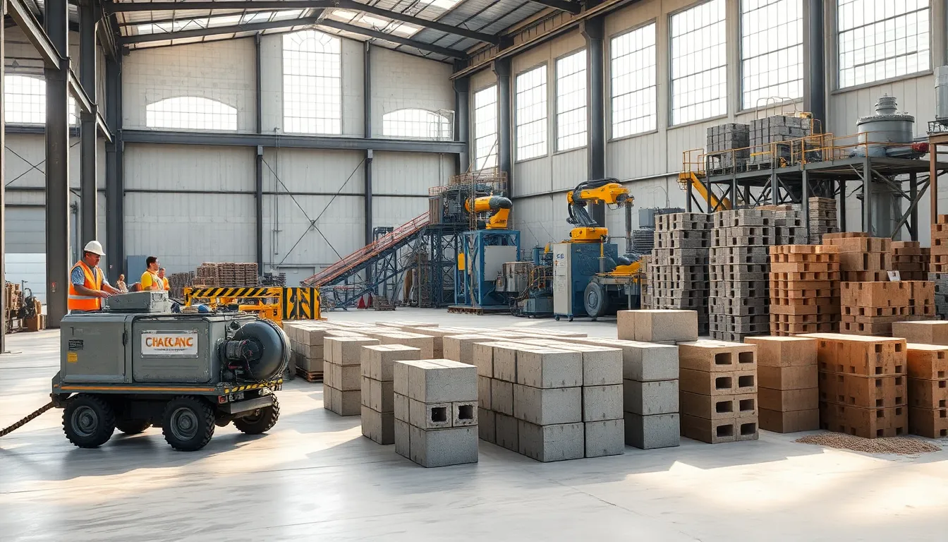 workers operating different block machines in a modern Chicago factory