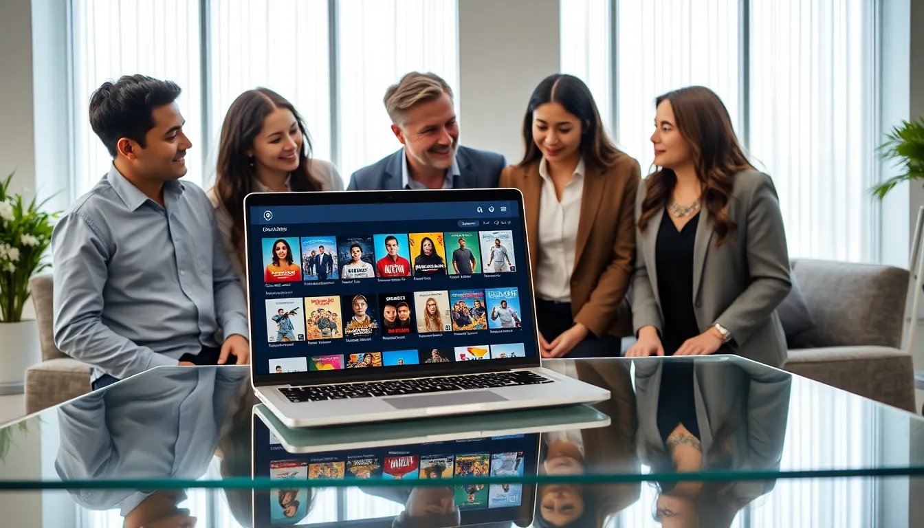 diverse team discussing movies at a laptop in a modern office.