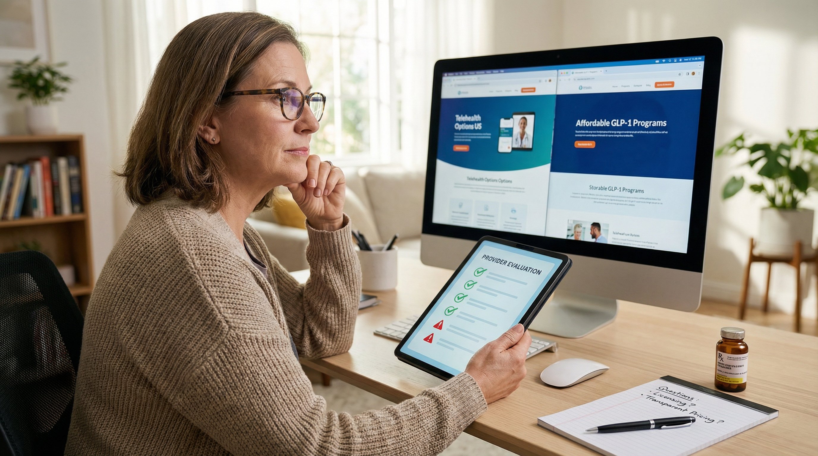 Woman evaluating semaglutide providers on tablet and monitor at home desk.