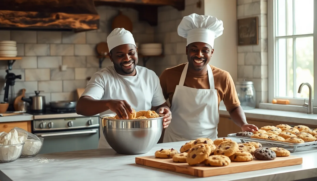 baker in a cozy kitchen mixing cookie dough with fresh cookies nearby.